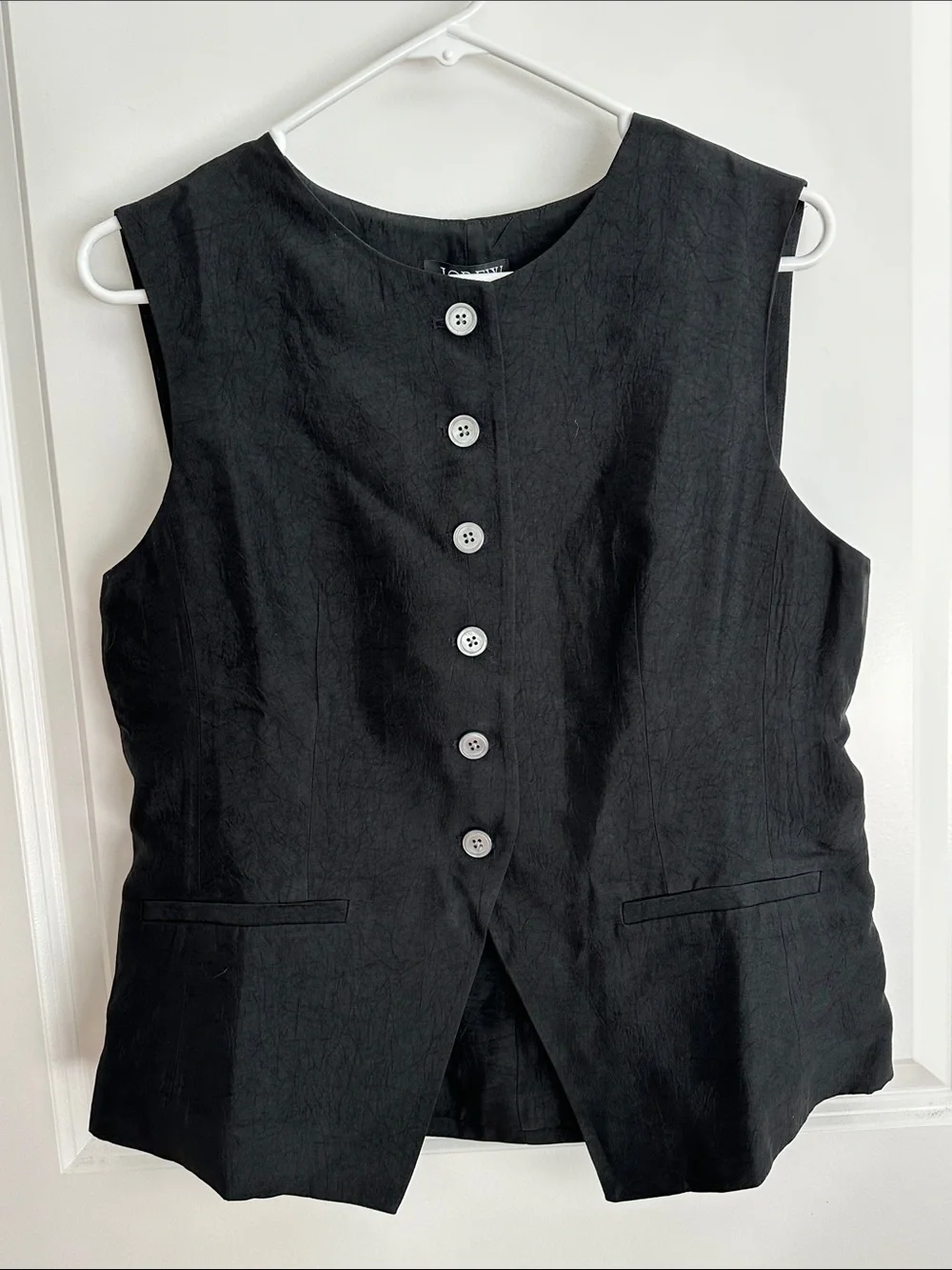 J. Crew Black Essential Cutaway Sleeveless Button-Front Vest in textured satin
